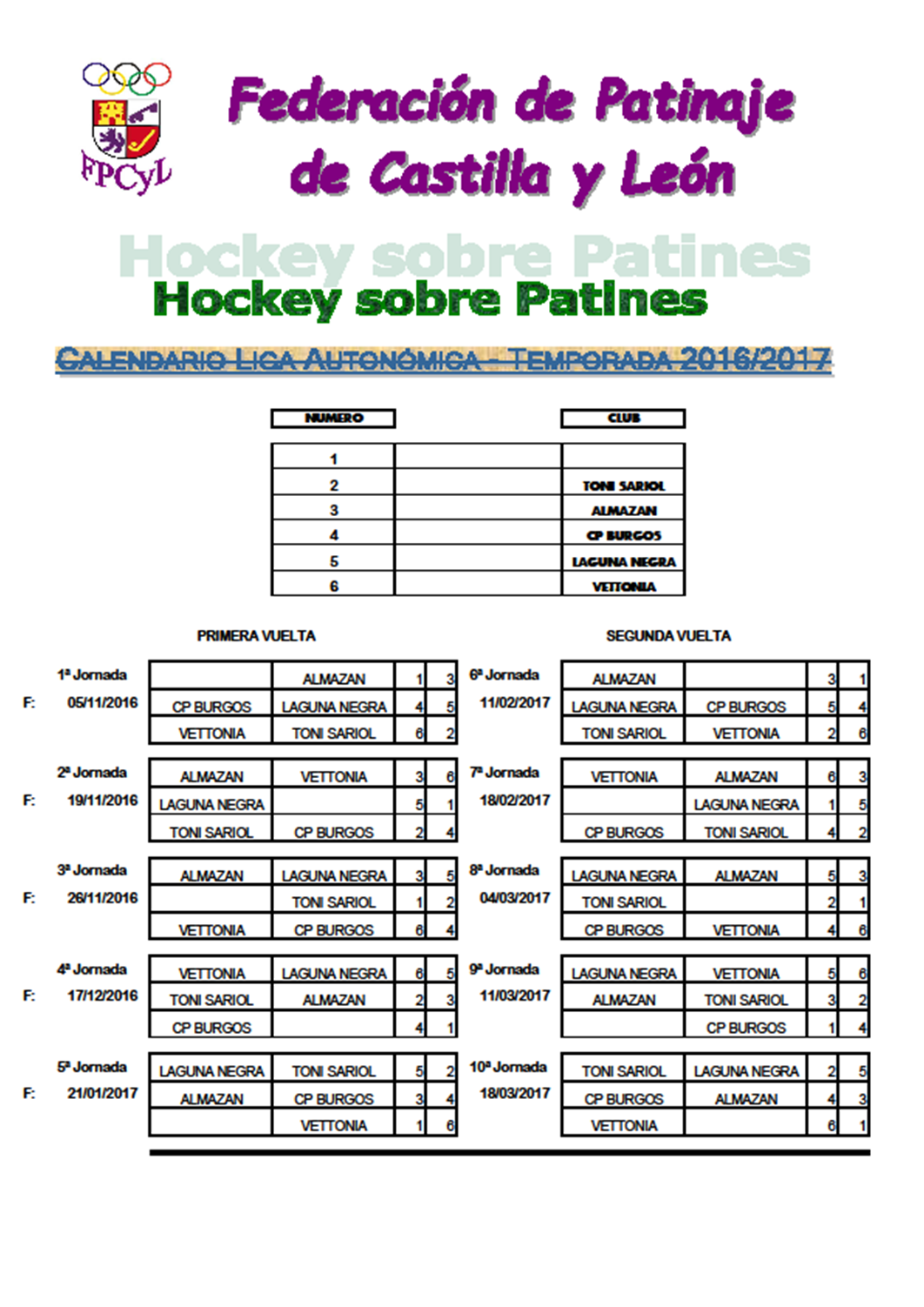 CALENDARIO LIGA AUTONOMICA _ HSP _ 2016-2017